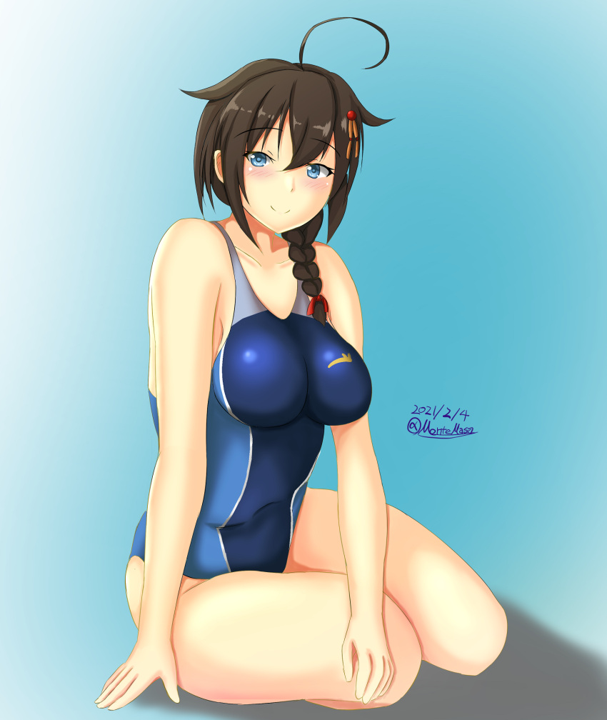 1girl ahoge alternate_breast_size black_hair blue_background blue_eyes blue_swimsuit blush braid breasts collarbone competition_swimsuit covered_navel dated eyebrows_visible_through_hair gradient gradient_background hair_between_eyes hair_flaps hair_ornament hair_over_shoulder highleg highleg_swimsuit highres kantai_collection looking_at_viewer medium_breasts montemasa one-piece_swimsuit remodel_(kantai_collection) shadow shigure_(kantai_collection) single_braid sitting smile solo swimsuit twitter_username