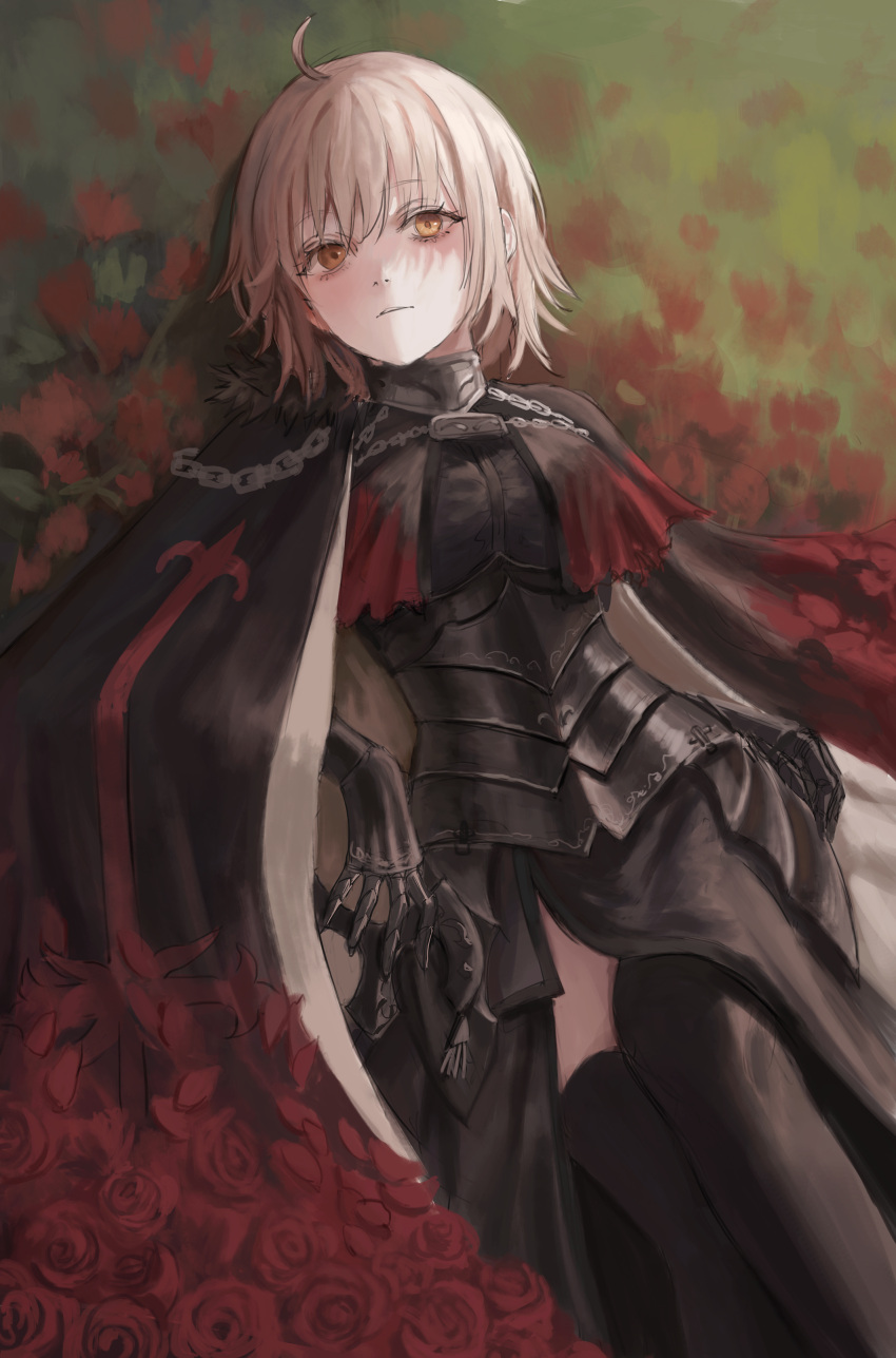 1girl absurdres ahoge armor armored_dress bangs black_cape black_dress black_legwear blonde_hair cape chain dress fate/grand_order fate_(series) faulds flower gauntlets gold_can hair_between_eyes highres jeanne_d'arc_(alter)_(fate) jeanne_d'arc_(fate)_(all) looking_at_viewer lying on_back parted_lips red_flower red_rose rose short_hair solo thigh-highs yellow_eyes