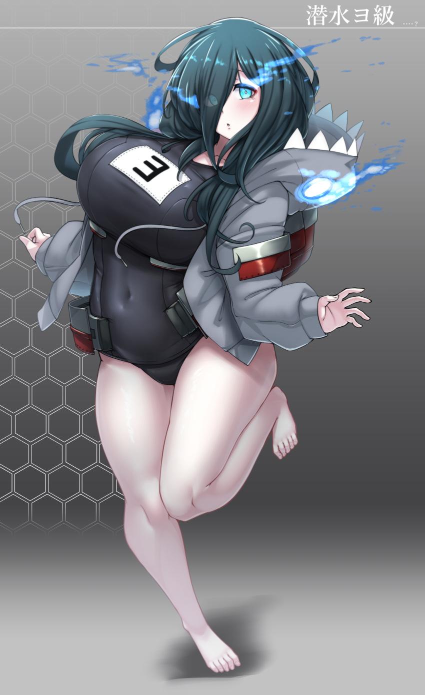 1girl absurdres abyssal_ship aqua_eyes bangs bare_legs barefoot black_hair black_swimsuit blush breasts commentary_request covered_navel eyebrows_visible_through_hair glowing glowing_eyes hair_over_one_eye highres hood hood_down hoodie huge_breasts jacket kantai_collection konoshige_(ryuun) long_hair long_sleeves looking_at_viewer one-piece_swimsuit open_mouth pale_skin rigging school_swimsuit simple_background solo swimsuit yo-class_submarine