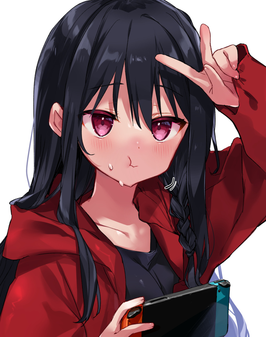 1girl absurdres arm_up bangs black_hair black_shirt blush braid closed_mouth collarbone controller eyebrows_visible_through_hair game_controller genderswap genderswap_(mtf) hair_between_eyes hair_strand hand_up highres holding holding_controller holding_game_controller jacket kurimochi_chizuru long_hair looking_at_viewer open_clothes open_jacket original pout red_eyes red_jacket shirt sidelocks solo sweat switch upper_body v white_background