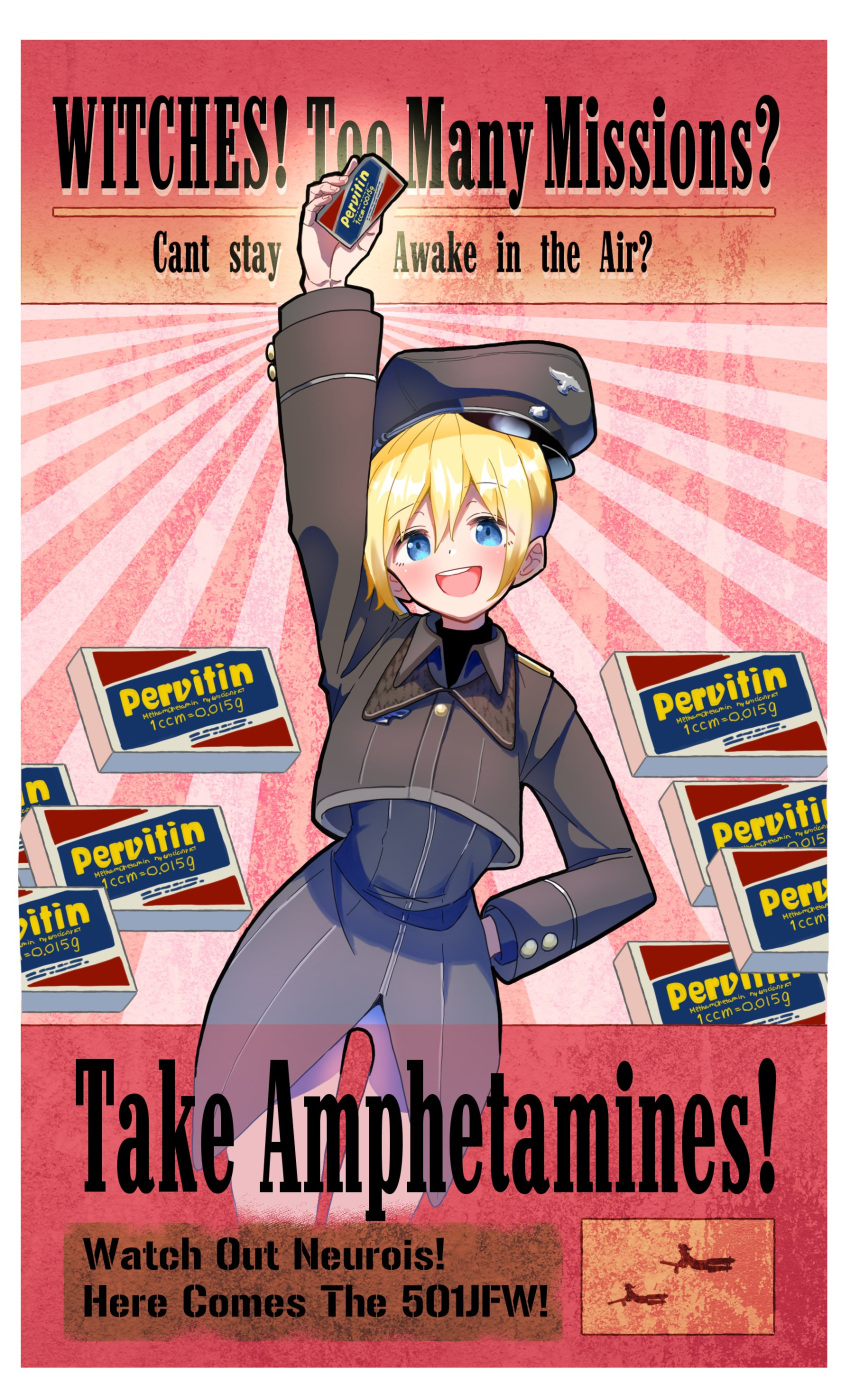 absurdres alison_(alison_airlines) arm_up blonde_hair blush brown_coat coat collared_coat cowboy_shot english_text erica_hartmann eyebrows_visible_through_hair highres long_sleeves looking_at_viewer open_mouth pants shadow short_hair smile strike_witches white_pants world_witches_series