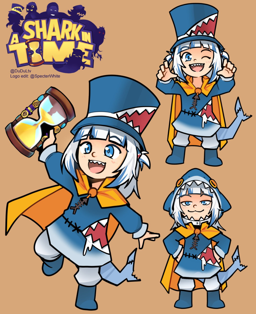 1girl :3 :d ;d a_hat_in_time adapted_costume bangs beige_background blue_eyes blue_hair blunt_bangs cape dudul eyebrows_visible_through_hair fish_tail gawr_gura hands_on_hips hat highres hololive hololive_english hood hood_up hourglass logo_parody looking_at_viewer multicolored_hair multiple_views one_eye_closed open_mouth shark_tail sharp_teeth simple_background smile smug streaked_hair tail teeth top_hat two-tone_hair two_side_up virtual_youtuber white_hair yellow_cape