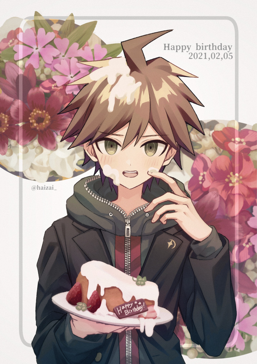 1boy absurdres ahoge bangs blush brown_eyes brown_hair cake commentary_request cream cream_on_body cream_on_face dangan_ronpa:_trigger_happy_havoc dangan_ronpa_(series) dated floral_print flower food food_on_face fruit green_eyes hair_between_eyes hand_up happy_birthday highres holding holding_plate hood hood_down hoodie jacket long_sleeves looking_at_viewer male_focus naegi_makoto open_clothes open_mouth plate scratching_cheek shiny shiny_hair short_hair smile solo spiky_hair striped takagiri upper_body upper_teeth