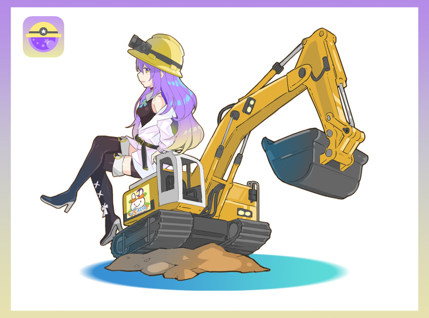 1girl belt black_belt black_footwear blonde_hair boots breasts chinese_commentary english_commentary excavator goggles goggles_on_headwear gradient_hair hair_behind_ear hardhat helmet high_heel_boots high_heels highres hololive hololive_indonesia jacket looking_at_viewer looking_back mixed-language_commentary moona_hoshinova multicolored_hair off_shoulder purple_hair sitting small_breasts solo thigh-highs thigh_boots usada_kensetsu virtual_youtuber white_jacket yellow_headwear ykhiroartwok