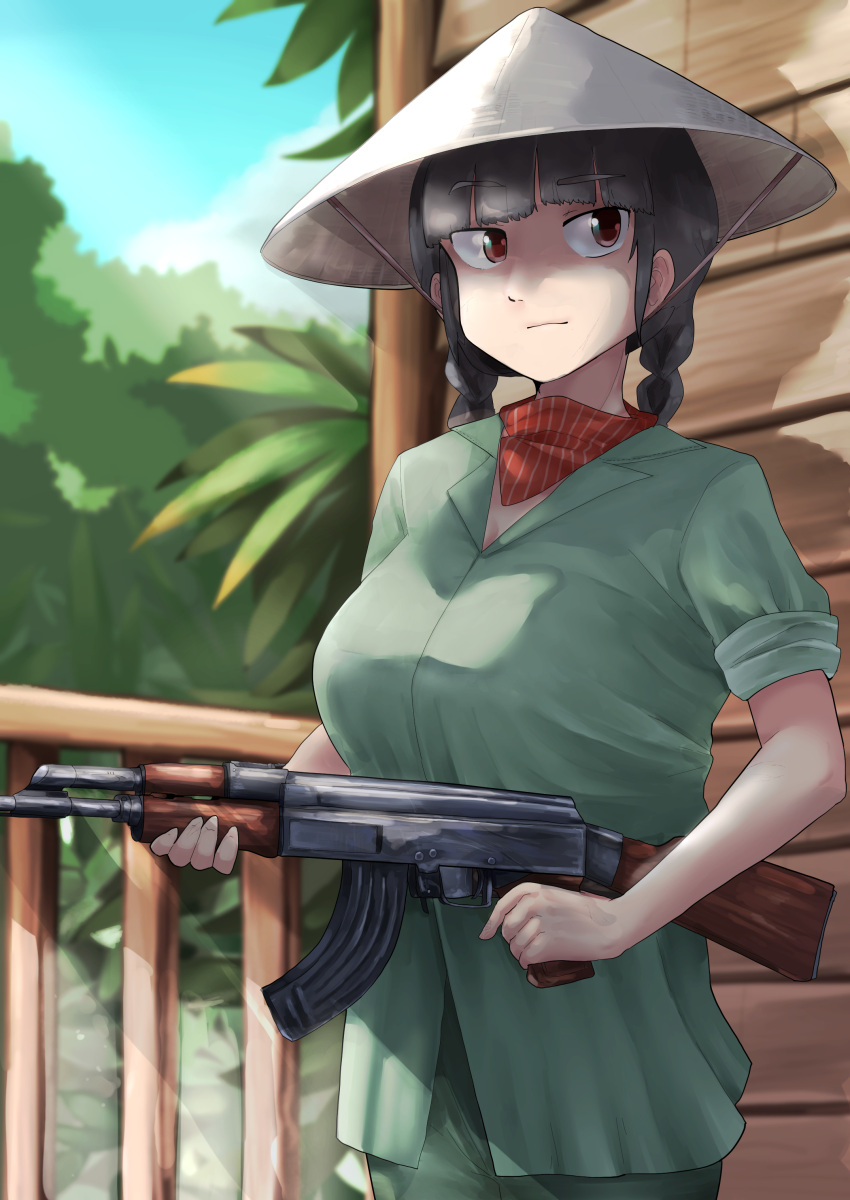 1girl absurdres ak-47 assault_rifle bangs black_hair blue_sky blunt_bangs braid breasts closed_mouth clouds commentary_request cookie_(touhou) cowboy_shot day eyebrows_visible_through_hair fuka_(kantoku) green_pants green_shirt green_tea_(cookie) gun hat highres holding holding_gun holding_weapon large_breasts light_rays long_hair looking_to_the_side outdoors palm_tree pants railing red_eyes rice_hat rifle shirt short_sleeves sky solo standing touhou tree twin_braids viet_cong vietnam_war weapon yatadera_narumi