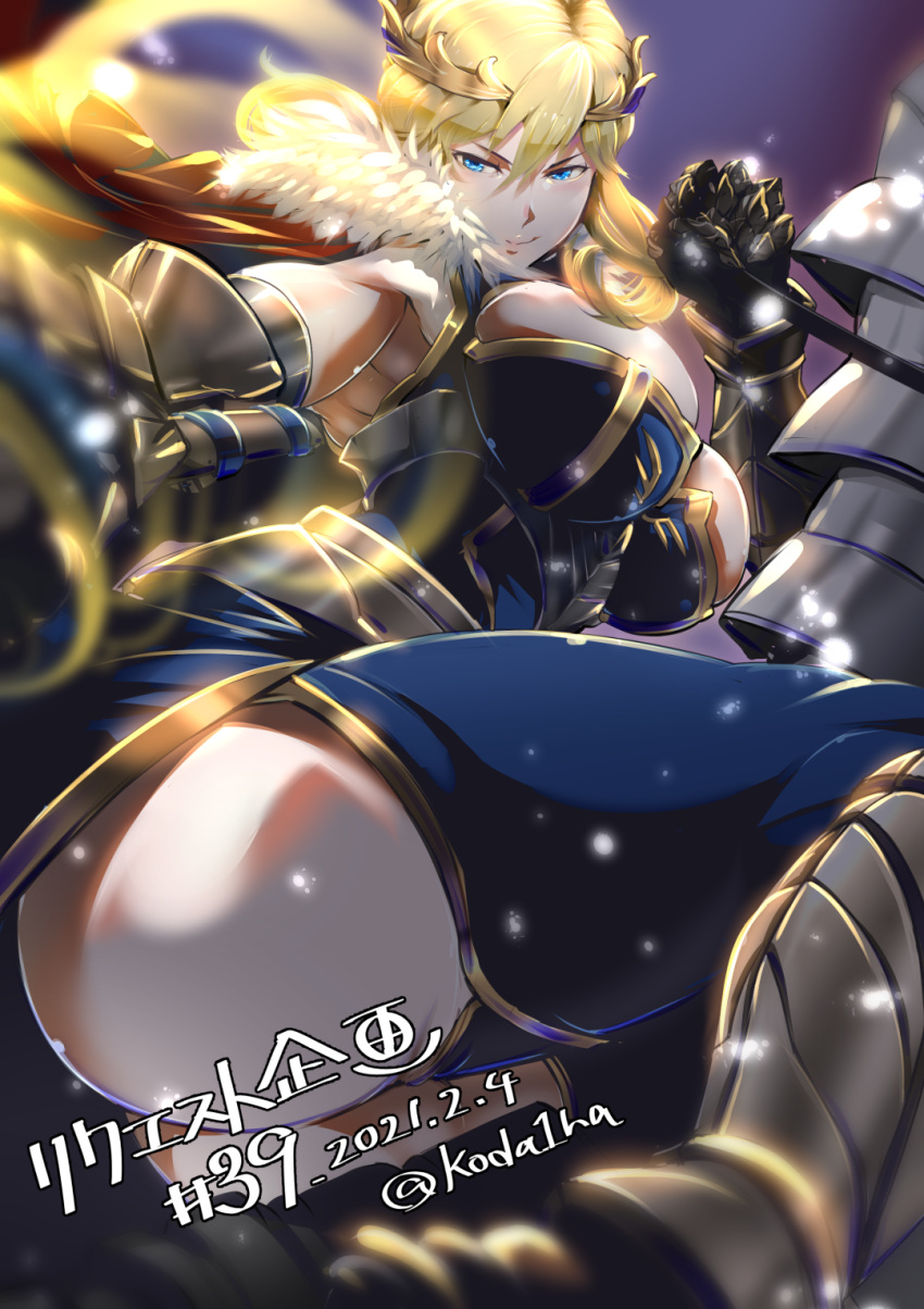 1girl armor armored_animal armored_boots armored_dress artoria_pendragon_(all) artoria_pendragon_(lancer)_(fate) ass blonde_hair blue_eyes blue_gloves blue_legwear blue_leotard boots braid breasts cape commentary_request crown fate/grand_order fate_(series) french_braid fur-trimmed_cape fur_trim gauntlets gloves highres holding holding_lance holding_polearm holding_weapon horse horseback_riding huge_breasts koda1ra lance leotard medium_hair polearm reins revealing_clothes rhongomyniad_(fate) riding solo thick_thighs thigh-highs thighs weapon