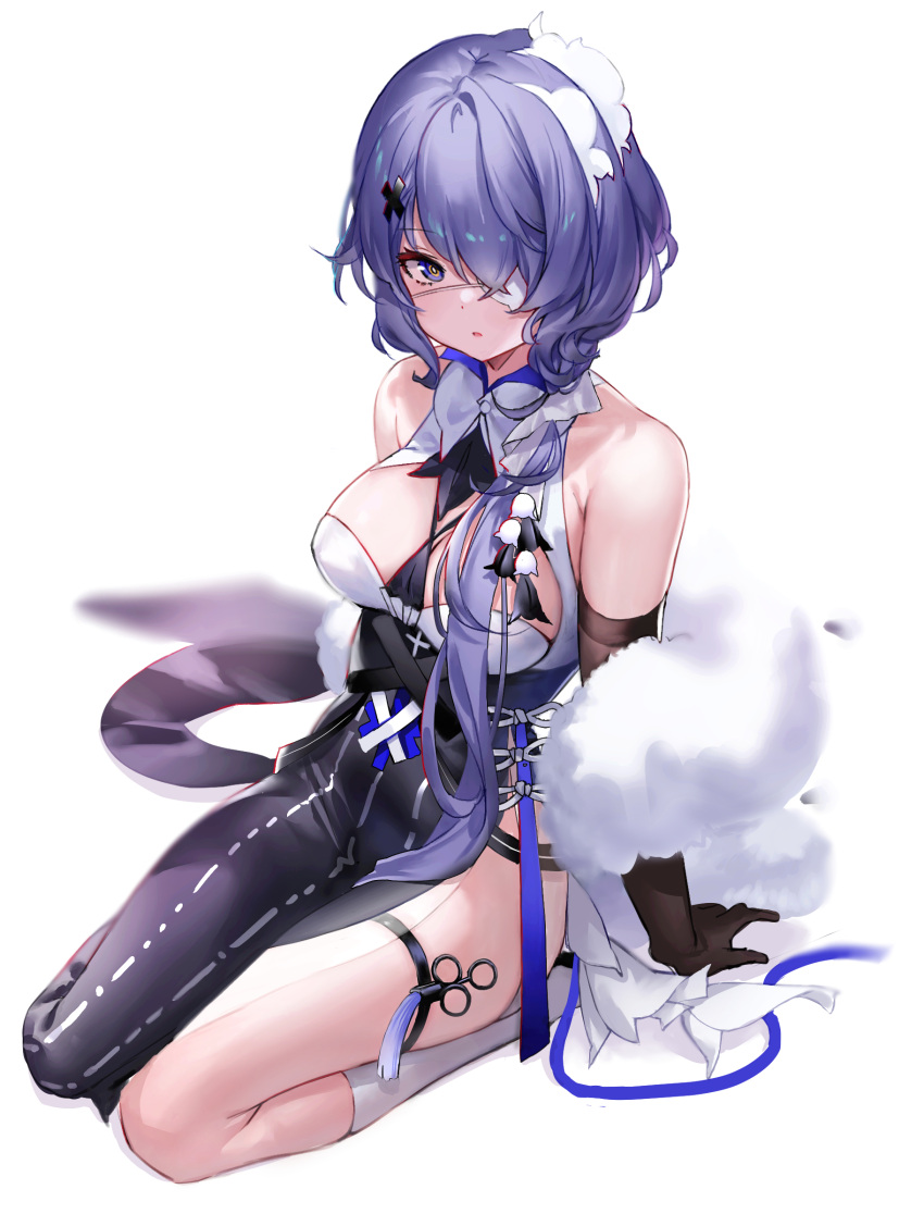 1girl arknights asymmetrical_hair bare_shoulders black_dress black_gloves breasts cross_hair_ornament dress elbow_gloves full_body fur_shawl gloves hair_ornament highres kneehighs large_breasts long_hair looking_at_viewer parted_lips pelvic_curtain purple_hair rota_(078) seiza simple_background sitting tassel thigh_strap thighs very_long_hair violet_eyes whisperain_(arknights) whisperain_(tremble_cold)_(arknights) white_background white_legwear
