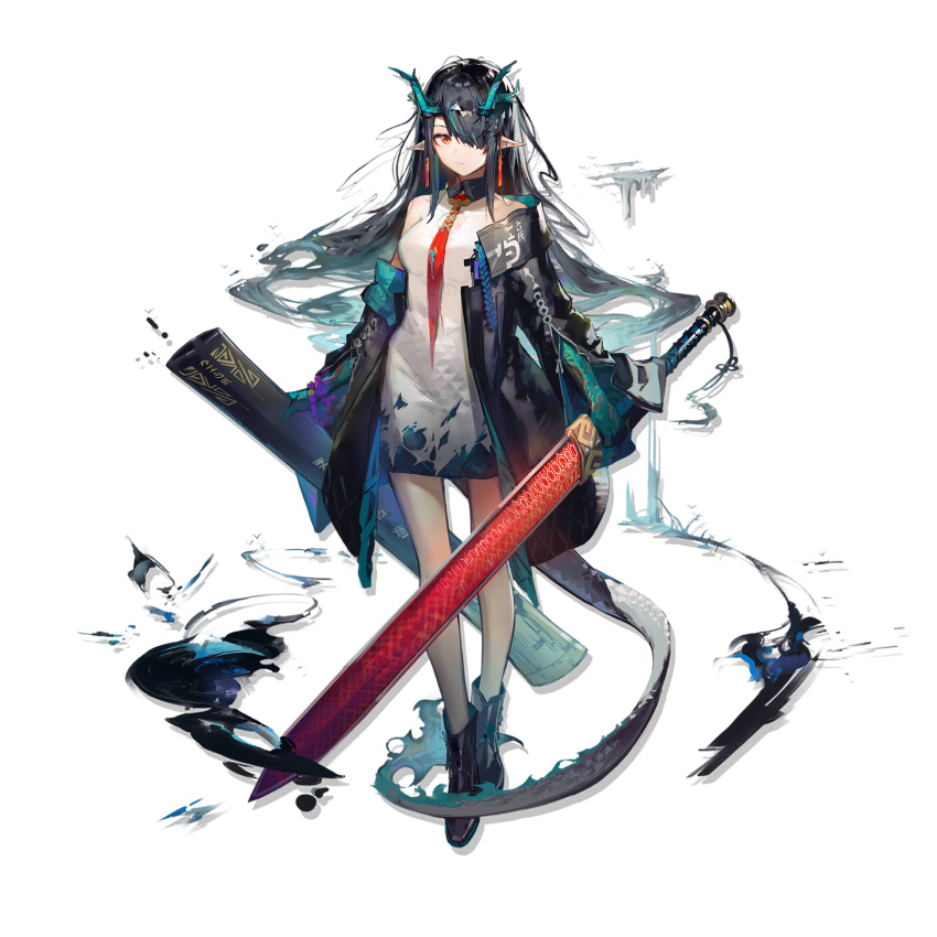 1girl arknights bangs bare_legs bare_shoulders black_coat black_footwear black_hair boots coat dress dusk_(arknights) full_body hair_over_one_eye highres holding holding_sword holding_weapon horns huanxiang_heitu long_hair off_shoulder official_art open_clothes open_coat pointy_ears red_eyes red_neckwear short_dress sleeveless sleeveless_dress solo standing sword tail transparent_background weapon white_dress