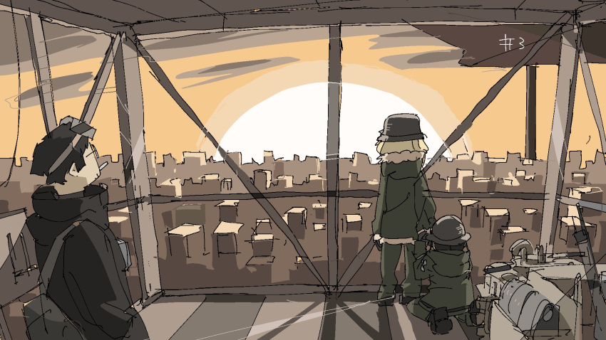 1boy 2girls bag black_hair blonde_hair chito_(shoujo_shuumatsu_ryokou) cigarette clouds elevator from_behind glasses goggles goggles_on_head hat highres horizon kanazawa_(shoujo_shuumatsu_ryokou) multiple_girls orange_sky shadow shoujo_shuumatsu_ryokou shoulder_bag sky tsukumizu_yuu wide_shot yuuri_(shoujo_shuumatsu_ryokou)