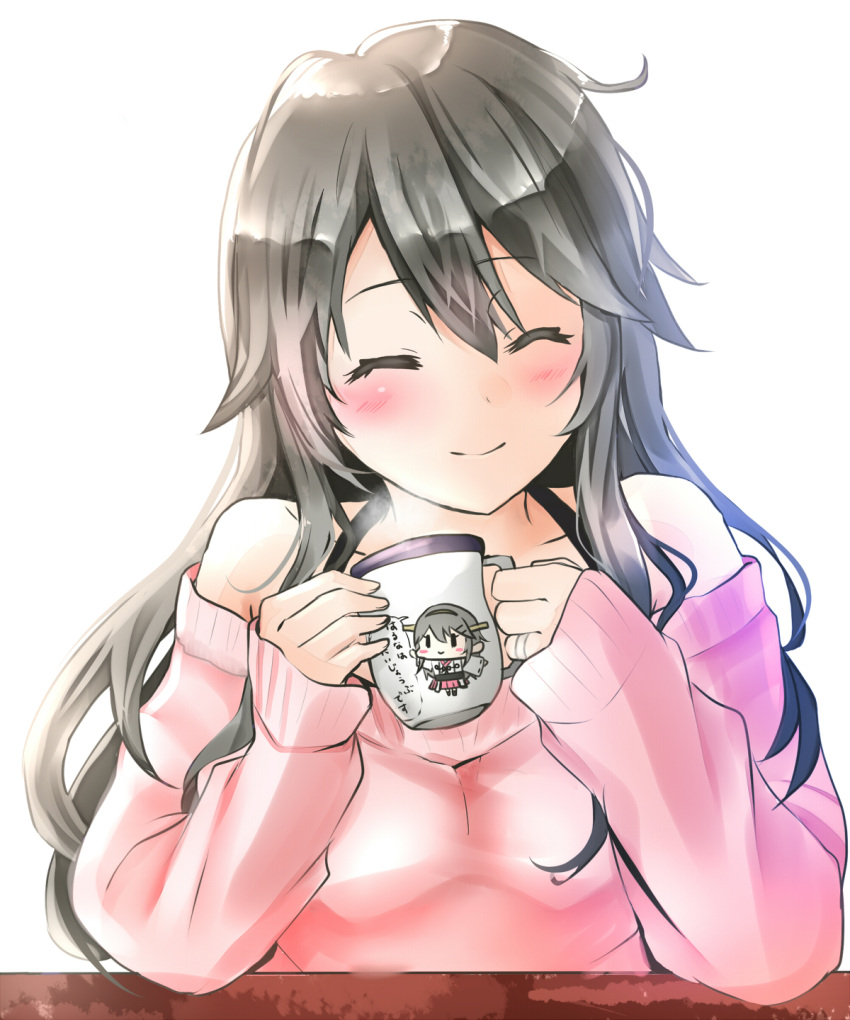 1girl alternate_costume blush closed_eyes cup eiji_(monochromexd) grey_hair hair_ornament hairclip haruna_(kantai_collection) highres holding holding_cup kantai_collection long_hair long_sleeves mug off_shoulder pink_sweater solo sweater upper_body