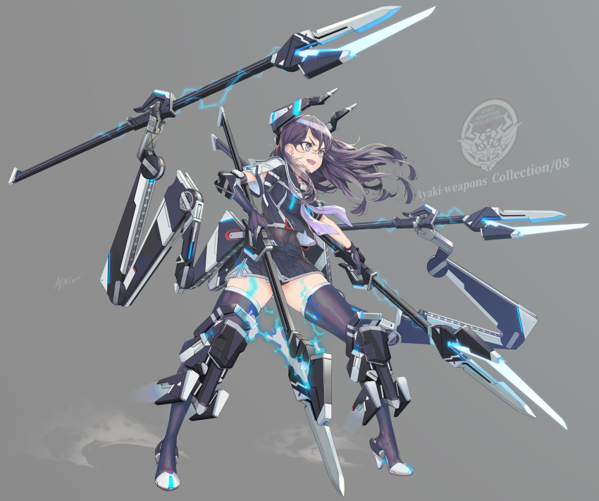 1girl ayaki bangs black_hair black_skirt dual_wielding ear_piercing extra_arms floating_hair grey_background high_heels highres holding holding_lance holding_polearm holding_weapon lance mecha_musume mechanical_arms open_mouth original piercing polearm sailor_collar science_fiction skirt solo thigh-highs v-shaped_eyebrows weapon