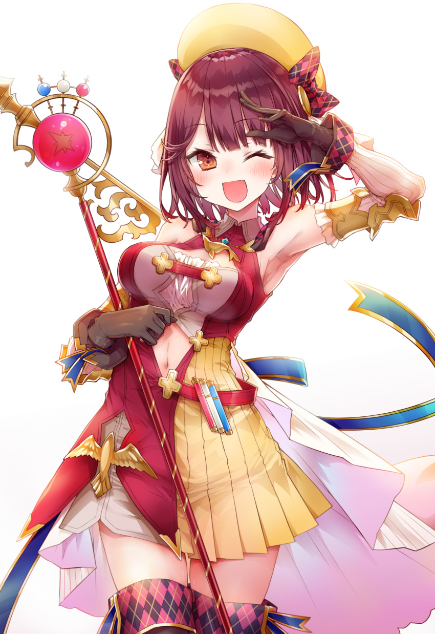 1girl alt armpits atelier_(series) atelier_sophie beret blush boots breasts brown_eyes brown_gloves brown_hair commentary_request detached_sleeves eyebrows_visible_through_hair gloves graphite_(medium) hair_between_eyes hat highres holding holding_staff looking_at_viewer medium_breasts navel one_eye_closed open_mouth salute short_hair simple_background solo sophie_neuenmuller staff thigh-highs thigh_boots traditional_media white_background yellow_headwear zettai_ryouiki
