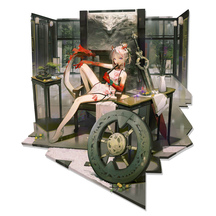 1girl arknights bangs bare_legs bare_shoulders bead_bracelet beads bonsai bracelet chair china_dress chinese_clothes dress high_heels highres horns huanxiang_heitu jewelry looking_at_viewer medium_hair multicolored_hair nian_(arknights) nian_(unfettered_freedom)_(arknights) official_art redhead silver_hair sitting sleeveless sleeveless_dress smile solo streaked_hair sword tail thighs transparent_background violet_eyes weapon white_dress white_footwear