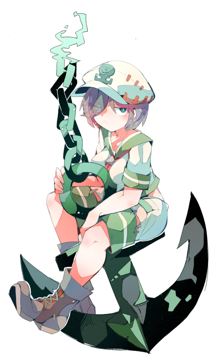 1girl adapted_costume anchor anchor_symbol boots breasts brown_footwear chain commentary_request cross-laced_footwear eyes_visible_through_hair full_body green_eyes hair_over_one_eye highres jitome looking_at_viewer ma_sakasama medium_breasts murasa_minamitsu red_neckwear sailor_collar sailor_shirt shirt shorts sitting solo stitches touhou white_headwear white_shirt white_shorts