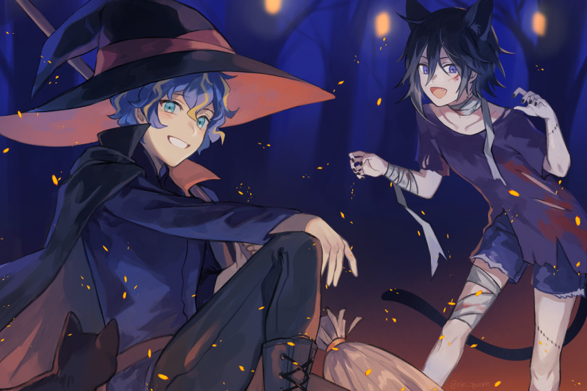 2boys :d aqua_eyes astel_leda bandages black_cape black_cat black_hair black_headwear black_nails black_pants blonde_hair blue_hair blue_shorts boots broom cape cat cross-laced_footwear eyebrows_visible_through_hair fang forest grin halloween halloween_costume hat holostars kanade_izuru looking_at_viewer male_focus messy_hair multicolored_hair multiple_boys nail_polish nature night open_mouth pants purple_shirt riri_zuran shirt shorts smile stitches tree violet_eyes virtual_youtuber witch_hat zombie