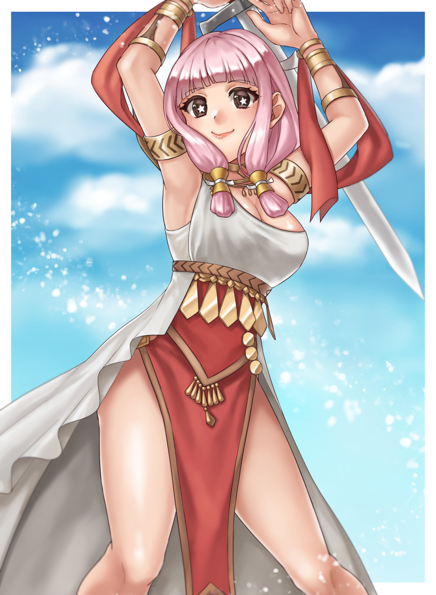 1girl absurdres black_eyes breasts clouds commentary_request commission dress fire_emblem fire_emblem:_three_houses fire_emblem_fates hair_tubes hazuki_(nyorosuke) highres holding holding_weapon large_breasts mitama_(fire_emblem) pink_hair skeb_commission solo star-shaped_pupils star_(symbol) sword symbol-shaped_pupils weapon