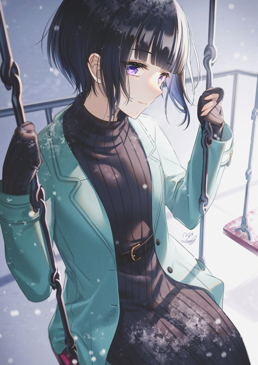 1girl absurdres aqua_jacket bangs belt belt_buckle black_dress black_hair blunt_bangs blush buckle closed_mouth dress highres idolmaster idolmaster_cinderella_girls jacket long_sleeves looking_at_viewer mairo open_clothes open_jacket outdoors shirayuki_chiyo short_hair signature sitting sleeves_past_wrists smile snowing solo striped swing unbuttoned vertical-striped_dress vertical_stripes violet_eyes winter