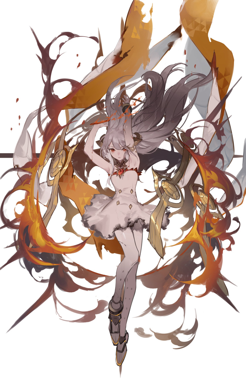 1girl absurdres armpits bangs dress full_body highres long_hair looking_at_viewer mixkechin multicolored_hair original parted_lips red_eyes simple_background solo strapless strapless_dress two-tone_hair white_background white_dress white_legwear