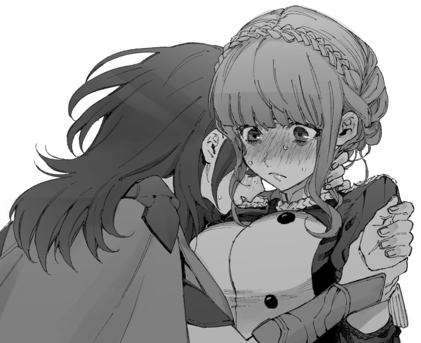 2girls braid byleth_(fire_emblem) byleth_eisner_(female) chouonsoku-jiisan closed_mouth crown_braid fire_emblem fire_emblem:_three_houses garreg_mach_monastery_uniform greyscale long_sleeves marianne_von_edmund monochrome multiple_girls simple_background uniform upper_body white_background yuri