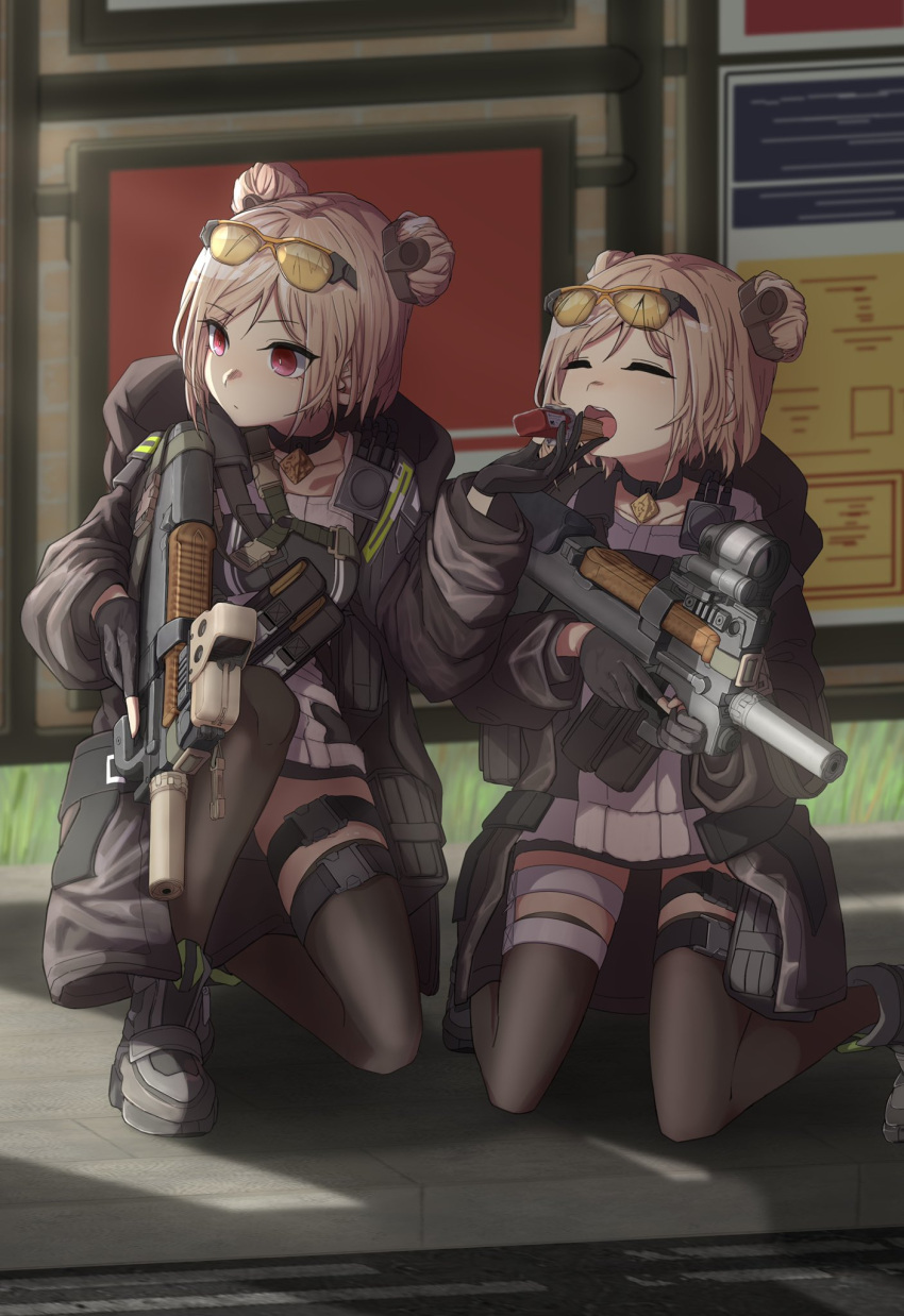 2girls black_choker black_coat black_gloves black_legwear brown_hair bullpup choker closed_eyes coat collarbone colored_lenses double_bun eating eyebrows_visible_through_hair eyewear_on_head girls_frontline gloves gun highres holding holding_gun holding_weapon llpfmfc long_sleeves multiple_girls open_clothes open_coat open_mouth orange-tinted_eyewear p90 p90_(girls_frontline) partially_fingerless_gloves red_eyes short_hair snack submachine_gun sunglasses tactical_clothes thigh-highs tinted_eyewear trigger_discipline weapon