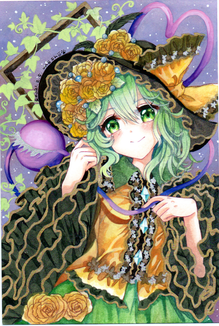 1girl artist_name closed_mouth commentary_request dated flower green_eyes green_hair highres komeiji_koishi medium_hair mosho rose smile solo touhou traditional_media yellow_flower yellow_rose