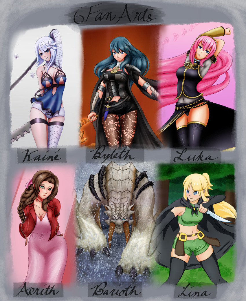 5girls aerith_gainsborough armor armored_boots armored_dress arms_behind_back artist_name bag bandaged_leg bandaged_neck bandages bangs bare_shoulders barioth battle_pose belt black_cape black_cloak black_gloves black_legwear black_shorts black_skirt blizzard blonde_hair blue_eyes blue_hair blush boots braid breasts brown_hair byleth_(fire_emblem) byleth_eisner_(female) cape cloak closed_mouth collarbone commentary crop_top cross-laced_footwear crystal_story crystal_story_ii dagger desert detached_collar dress elbow_gloves female_focus female_only fighting_stance final_fantasy final_fantasy_vii final_fantasy_vii_remake fingerless_gloves fire_emblem fire_emblem:_three_houses flower folded_wings forest full_body gloves green_clothes green_eyes hair_flower hair_ornament hair_ribbon half_updo high_heels highres holding holding_sword holding_weapon jacket jagged_sword jewelry kaine_(nier) knee_boots knife lace-up_boots leg_wraps lina_(crystal_story) lingerie lips lipstick long_hair long_skirt looking_at_viewer lunar_tear medium_breasts midriff monster_hunter monster_hunter_3 mythro navel necklace negligee nier_(series) pantyhose pendant pink_dress ponytail red_jacket satchel shorts sidelocks simple_background single_braid six_fanarts_challenge sleeveless smile snow sword thief thigh_strap thighs tied_hair tusks underwear vambraces weapon whip whip_sword wings yellow_eyes