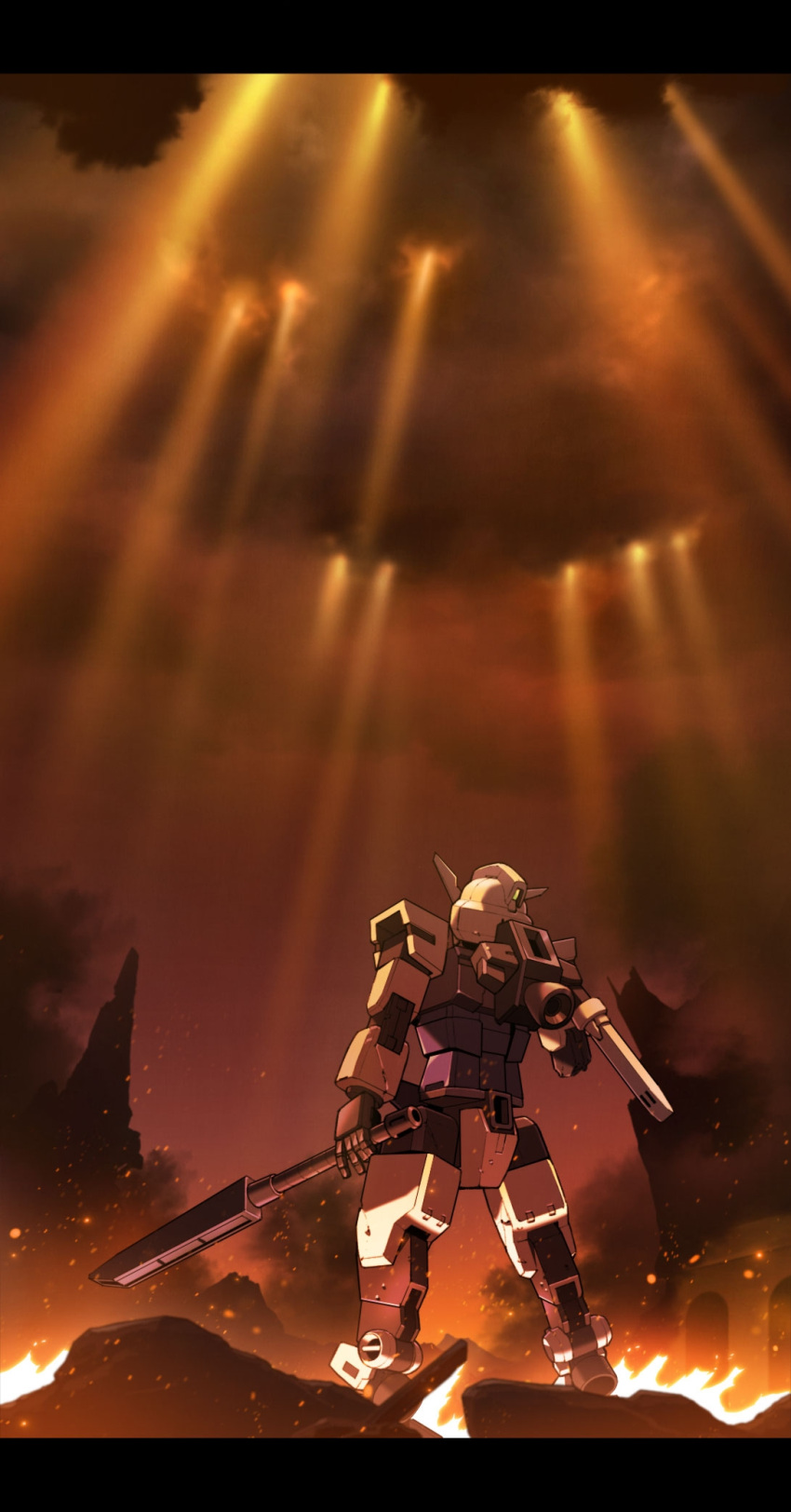 clouds cloudy_sky core_gundam fire from_behind g.yamamoto gundam gundam_build_divers gundam_build_divers_re:rise highres holding holding_sword holding_weapon looking_up mecha missing_limb mobile_suit no_humans science_fiction sky solo sword v-fin weapon
