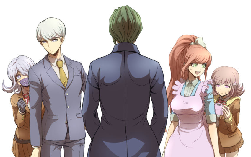 2boys 3girls :d alternate_costume apron blue_dress blue_jacket blue_vest breasts brown_hair brown_jacket brown_skirt collarbone collared_shirt commentary_request crescent crescent_pin dangan_ronpa_(series) dangan_ronpa_3_(anime) dress formal from_behind green_hair hair_ornament hair_ribbon handheld_game_console hiding high_ponytail holding holding_handheld_game_console hope's_peak_academy_school_uniform jacket kimura_seiko large_breasts long_hair long_ponytail long_sleeves looking_at_another maid maid_apron mask mouth_mask multiple_boys multiple_girls munakata_kyousuke nanami_chiaki necktie open_mouth orange_hair pink_hair ponytail ribbon sakakura_juuzou school_uniform shirt short_hair simple_background skirt smile suit surgical_mask sweatdrop tie_clip upper_teeth vest violet_eyes white_apron white_background white_hair white_ribbon youko-shima yukizome_chisa