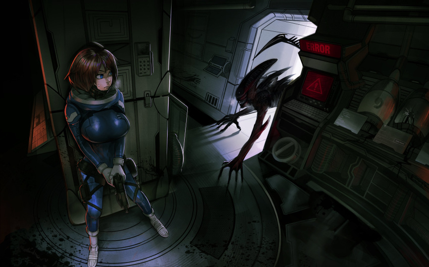 1girl absurdres alien alien_isolation blood blood_splatter blue_eyes breasts brown_hair commission error_message gun hand_print handgun highres holding holding_gun holding_weapon hommie-k9k9 large_breasts looking_to_the_side open_mouth original photo-referenced pistol science_fiction short_hair space_girl_(brups_tv) spacesuit sweatdrop tail weapon xenomorph