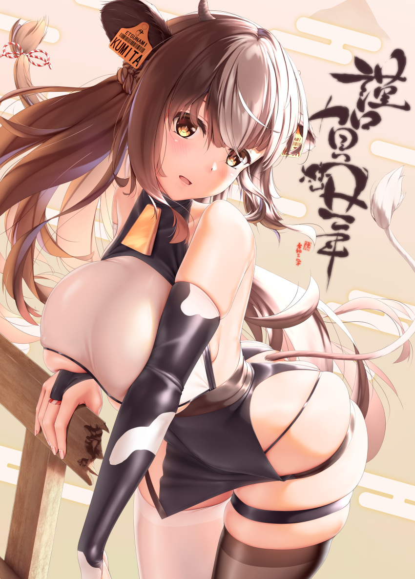 1girl absurdres animal_ears arched_back ass bangs bare_shoulders bell bell_collar black_legwear blush breasts bridal_gauntlets brown_eyes brown_hair collar collarbone cow_ears cow_girl cow_horns dress ear_tag etsunami_kumita eyebrows_visible_through_hair hair_between_eyes highres horns large_breasts long_hair looking_at_viewer microdress open_mouth original sidelocks smile solo thigh-highs thigh_strap thighs turtleneck white_legwear