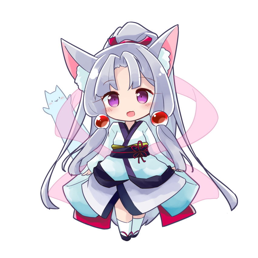 1girl :d animal_ear_fluff animal_ears bangs black_footwear blush chibi commentary_request eyebrows_visible_through_hair fox_ears fox_girl fox_tail full_body hagoromo high_ponytail highres japanese_clothes kimono long_hair long_sleeves looking_at_viewer obi open_mouth parted_bangs ponytail ryogo sash see-through shawl silver_hair simple_background sleeves_past_wrists smile socks solo standing tail touhoku_itako very_long_hair violet_eyes voiceroid white_background white_kimono white_legwear wide_sleeves zouri