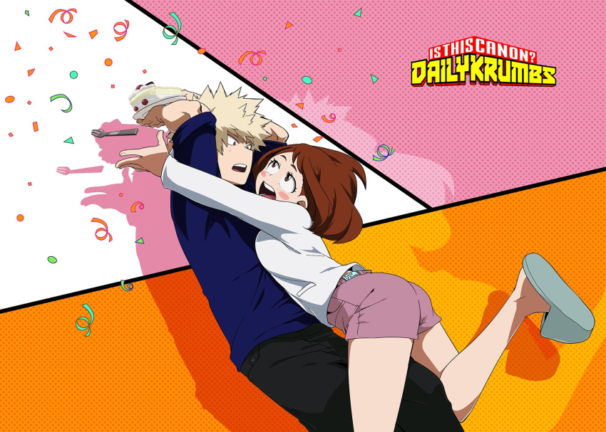 1boy 1girl arms_up artist_name bakugou_katsuki black_pants blonde_hair blush_stickers boku_no_hero_academia brown_hair cake cake_slice commentary dailykrumbs english_commentary food fork highres holding long_sleeves looking_up open_mouth pants purple_shorts shirt shorts slippers spiky_hair teeth tongue uraraka_ochako