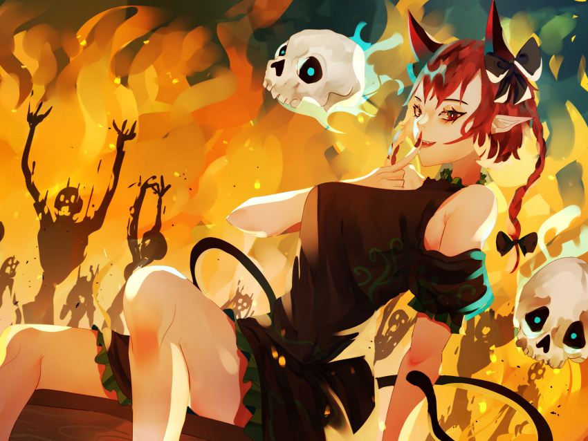 1girl dutch_angle extra_ears feet_out_of_frame finger_to_mouth fingernails highres hitodama kaenbyou_rin long_fingernails looking_at_viewer naufaldreamer pointy_ears red_eyes red_nails redhead sharp_fingernails skull solo touhou