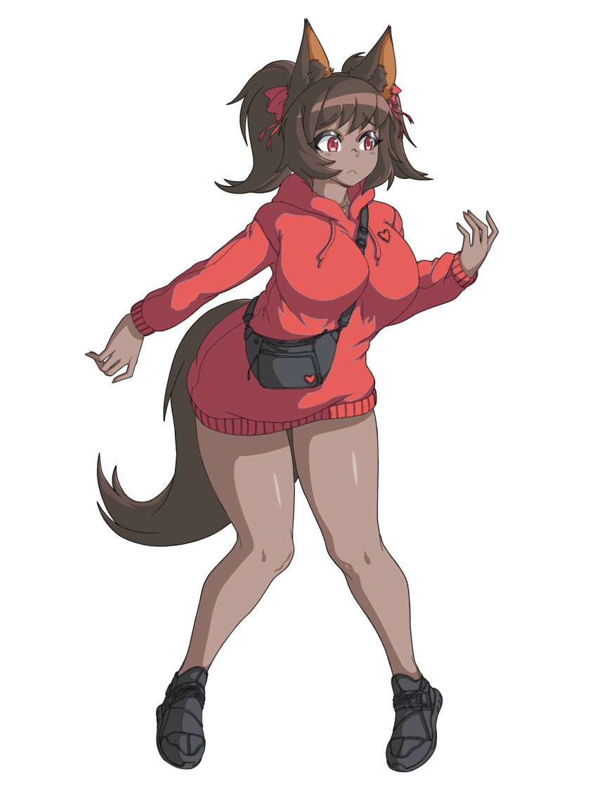 1girl adidas animal_ears bangs between_breasts breasts brown_hair brups_tv commission dark_skin dark-skinned_female fanny_pack fox_ears fox_girl fox_tail frown highres hood hoodie large_breasts leaning_forward looking_to_the_side no_pants open_hands original red_eyes red_hoodie shoes sneakers solo strap_between_breasts tail twintails white_background