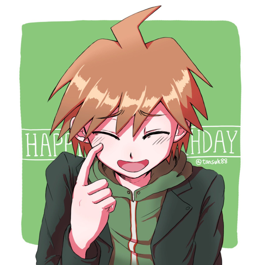 1boy :d ahoge artist_name bangs black_jacket blush brown_hair closed_eyes commentary_request dangan_ronpa:_trigger_happy_havoc dangan_ronpa_(series) eyebrows_visible_through_hair facing_viewer green_background green_hoodie hand_up happy happy_birthday highres hood hood_down hoodie index_finger_raised jacket long_sleeves male_focus naegi_makoto open_clothes open_jacket open_mouth scratching_cheek shiny shiny_hair short_hair simple_background smile solo tansug_(tansuk88) upper_body white_background