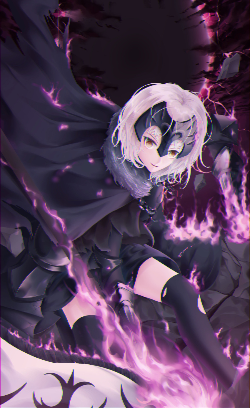 1girl absurdres banner black_cape black_dress black_legwear brown_eyes cape chain dress eadgear fate/grand_order fate_(series) highres huge_filesize jeanne_d'arc_(alter)_(fate) jeanne_d'arc_(fate)_(all) leaning_forward looking_at_viewer open_mouth short_dress short_hair silver_hair smile solo tada_(pixiv41160771) thigh-highs torn_clothes torn_legwear