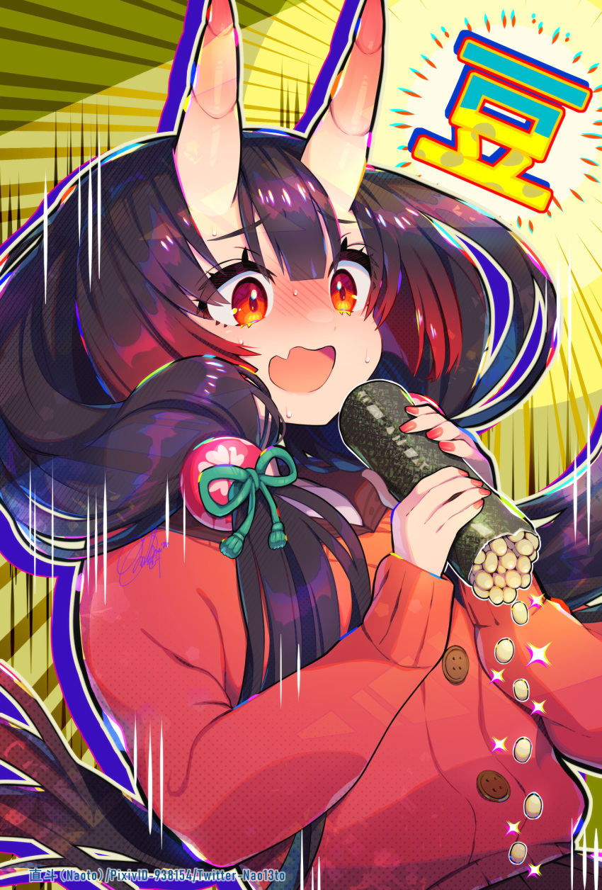 1girl bangs beans black_hair blunt_bangs blush buttons colored_shadow commentary drop_shadow ehoumaki fang food gradient_hair highres holding holding_food horns long_hair long_sleeves low-tied_long_hair makizushi multicolored_hair nail_polish naoto_(yandereheaven) oni oni_horns open_mouth original red_eyes red_nails red_sweater redhead setsubun shadow shiny shiny_hair signature skin-covered_horns skin_fang solo sparkle sunburst surprised sushi sweat sweater upper_body watermark
