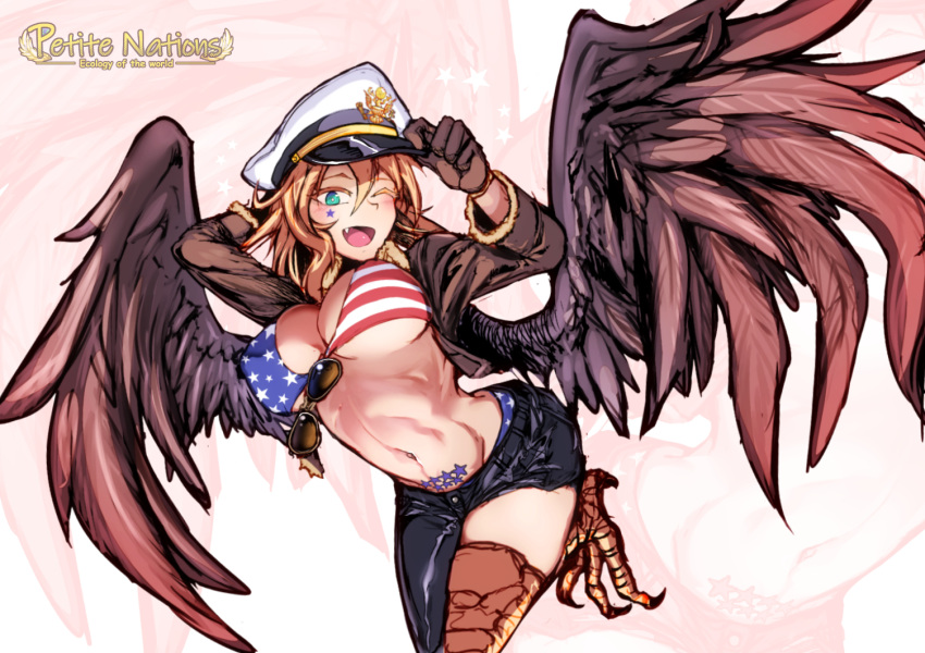 1girl adjusting_clothes adjusting_headwear america american_flag_bikini aqua_eyes arched_back arms_up asymmetrical_hair asymmetrical_pants aviator_sunglasses barefoot bikini black_pants blonde_hair blush bomber_jacket breasts bright_pupils brown_gloves covered_nipples cropped_jacket cutoffs eyewear_hang eyewear_removed fang feathered_wings feathers feet_up flag_print flying from_below glasses glint gloves hair_between_eyes harpy hat jacket large_breasts linea_alba looking_at_viewer medium_hair midriff military_hat monster_girl navel one_eye_closed open_mouth original panties pants panty_peek personification ryuu_tou smile star_(symbol) strap_gap sunglasses swimsuit tattoo thighs under_boob underwear visor_cap wings zoom_layer