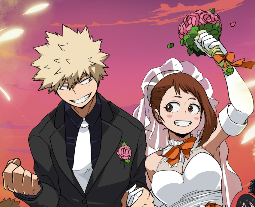 1boy 2girls alternate_costume asui_tsuyu bakugou_katsuki bangs blonde_hair blush_stickers boku_no_hero_academia breasts bride brown_eyes brown_hair clenched_hand clenched_teeth clouds collared_shirt commentary dailykrumbs english_commentary eye_contact eyelashes flower groom highres holding holding_hand jacket looking_at_another multiple_girls necktie outdoors pink_flower shirt sky smile spiky_hair teeth uraraka_ochako