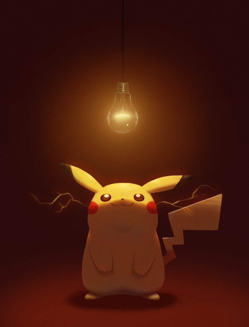 closed_mouth commentary_request electricity full_body gen_1_pokemon highres light_bulb looking_up no_humans paws pikachu pokemon pokemon_(creature) rend smile solo standing toes