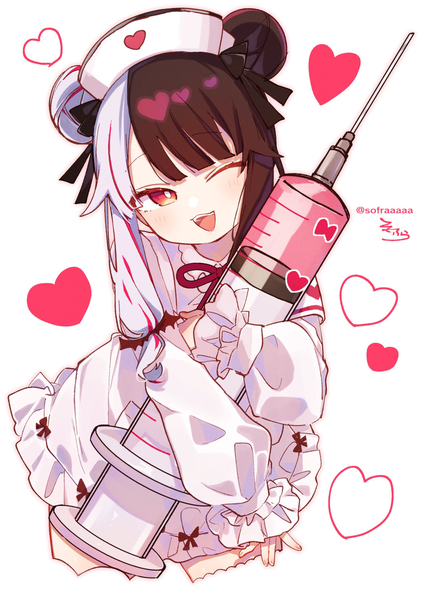 1girl ;d absurdres bangs black_bow blush bow brown_hair commentary_request cropped_legs double_bun dress eyebrows_visible_through_hair hair_bow hat highres large_syringe long_sleeves multicolored_hair nijisanji nurse nurse_cap object_hug one_eye_closed open_mouth oversized_object puffy_long_sleeves puffy_sleeves purple_hair red_eyes silver_hair simple_background sleeves_past_wrists smile sofra solo starry_background streaked_hair syringe two-tone_hair upper_teeth virtual_youtuber white_background white_dress yorumi_rena