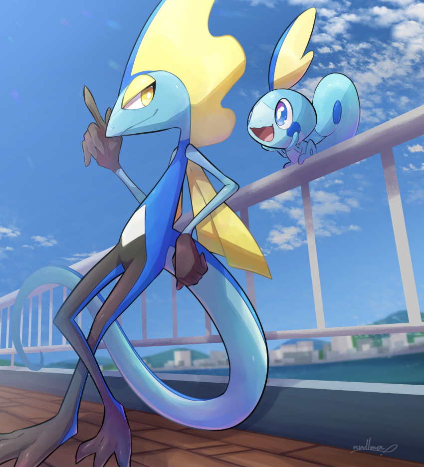 against_fence blue_eyes blurry building closed_mouth clouds commentary_request day fence from_below gen_8_pokemon hand_up highres inteleon nullma open_mouth outdoors pokemon pokemon_(creature) signature sky smile sobble standing starter_pokemon tongue yellow_eyes