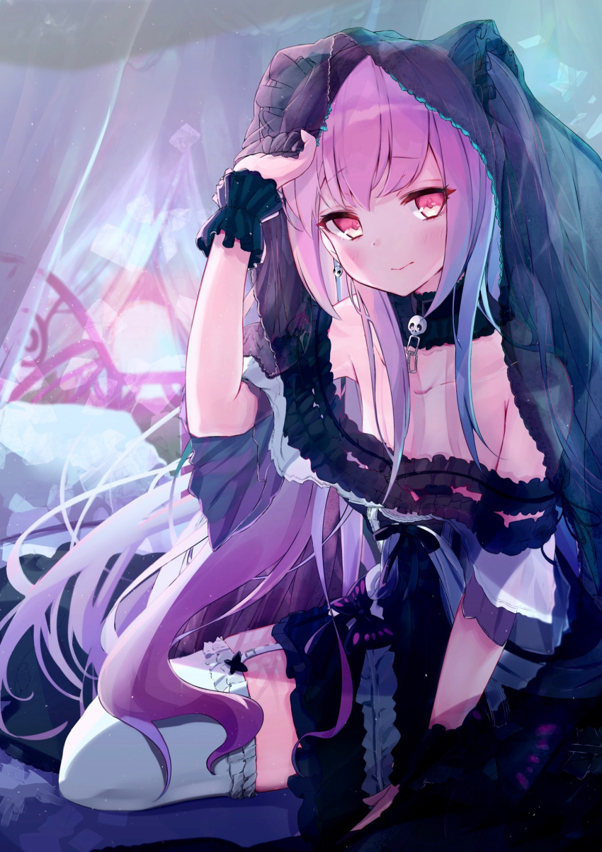 1girl arm_support arm_up bangs bare_shoulders bed_sheet blue_hair blush bow closed_mouth collarbone detached_sleeves eyebrows_visible_through_hair flat_chest garter_belt garter_straps gothic_lolita hair_bow hair_strand highres holding hololive lolita_fashion long_hair looking_at_viewer messy_hair mikami_hotaka neck_garter pillow sidelocks sitting solo tagme thigh-highs two_side_up uruha_rushia virtual_youtuber white_legwear wristband