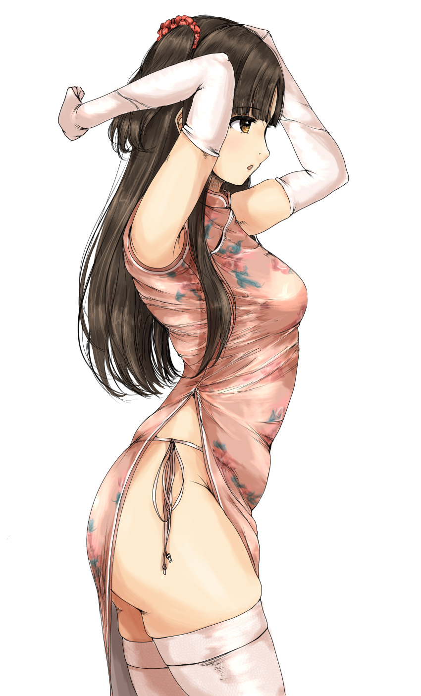 1girl absurdres armpits arms_up ass bangs breasts brown_eyes brown_hair china_dress chinese_clothes cowboy_shot dress elbow_gloves from_side gatsby_ssl gloves highres idolmaster idolmaster_cinderella_girls long_hair medium_breasts mizumoto_yukari open_mouth panties pink_dress side-tie_panties side_slit simple_background skindentation sleeveless sleeveless_dress solo thigh-highs underwear white_background white_gloves white_legwear
