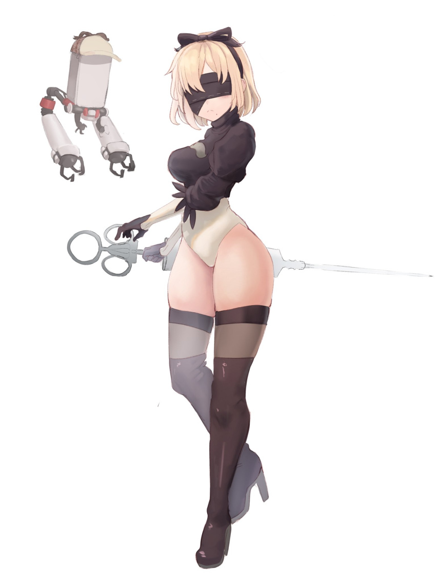 1girl black_ribbon blindfold blonde_hair boots breasts cosplay foxxarius frown high_heel_boots high_heels highres hololive hololive_english large_breasts leotard pod_(nier_automata) ribbon short_hair skindentation solo sword thigh-highs thigh_boots thighs watson_amelia weapon white_background yorha_no._2_type_b yorha_no._2_type_b_(cosplay)