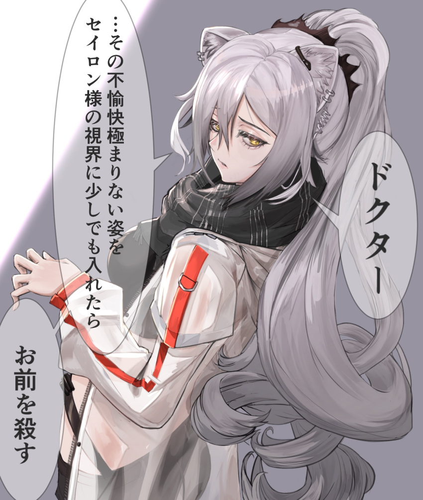 1girl animal_ear_fluff animal_ears arknights black_scarf breasts cat_ears cat_girl eyelashes hair_between_eyes highres jacket kava181 large_breasts long_hair no_tail open_clothes open_jacket ponytail scarf schwarz_(arknights) short_shorts shorts silver_hair solo translation_request yellow_eyes