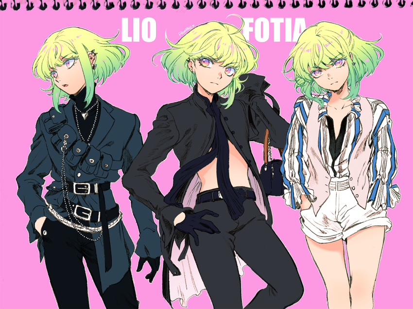 1boy 302 androgynous bag character_name earrings fashion gloves green_hair half_gloves handbag highres jacket jewelry lio_fotia necklace pink_background promare shorts simple_background solo
