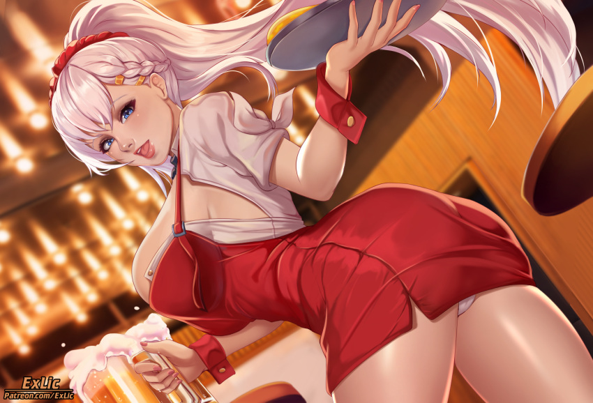1girl alcohol apron ass azur_lane bangs bar beer beer_mug beige_shirt belfast_(azur_lane) belfast_(piping-hot_perfection)_(azur_lane) blue_eyes blush braid breasts cup exlic food french_braid hair_ornament hair_scrunchie high_ponytail holding holding_tray indoors large_breasts long_hair looking_at_viewer low_neckline mug open_mouth panties pizza red_apron scrunchie solo table tray underwear waitress white_hair white_panties wrist_cuffs