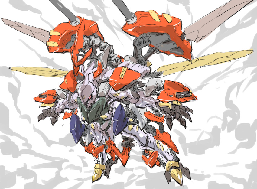 abysnova billbine dunbine fantasy floating henshin insect_wings looking_down mecha no_humans open_hands pink_eyes seisenshi_dunbine shoulder_cannon solo wings