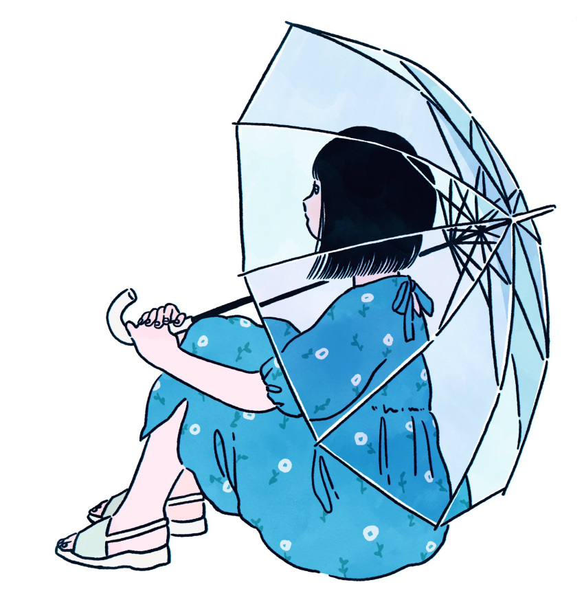 1girl aqua_dress black_hair dress floral_print flower highres holding holding_umbrella knees_up original osatsu_032 print_dress profile sandals short_hair short_sleeves simple_background sitting solo transparent transparent_umbrella umbrella white_background white_flower